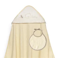 Okrycia kąpielowe dla dzieci - Okrycie kąpielowe 100x100 Baby beżowy ręcznik z kapturkiem + śliniaczek - miniaturka - grafika 1