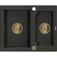 Zlewozmywaki - Mexen Carlos zlewozmywak granitowy 1,5-komorowy 582 x 475 mm, czarny/złoty metalik, syfon złoty - miniaturka - grafika 1