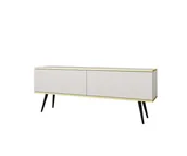 Szafki RTV - Szafka RTV Nowoczesna Mała Komoda RTV Glamour Biały Mat Nogi czarne metalowe 135 cm Złote elementy - miniaturka - grafika 1