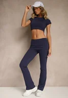 Komplety damskie - Granatowy Komplet w Sportowym Stylu Dzwony z Wywijanym Pasem i T-shirt Silfina - miniaturka - grafika 1