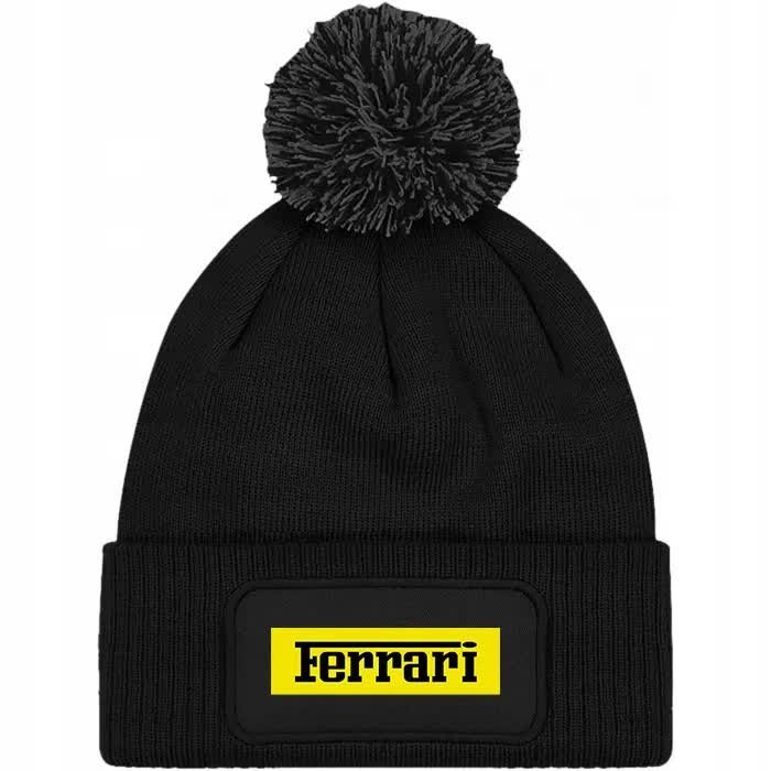 Czapka Czarna z Pomponem FERRARI LOGO Zimowa Na Prezent Wzory