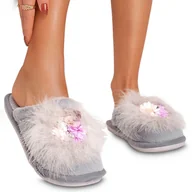 Kapcie damskie - Kapcie Papcie Domowe Cieple z Futerkiem Damskie Ballegra z Kwiatami Szare 39 - miniaturka - grafika 1