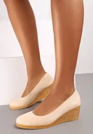 Półbuty damskie - Beżowe Klasyczne Półbuty na Plecionym Koturnie ze Skórzaną Wkładką Mivelle - miniaturka - grafika 1
