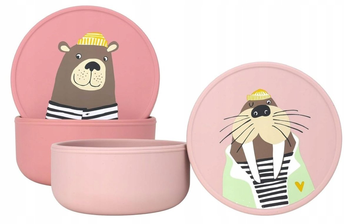 Silikonowe miski dla dzieci So&So 2szt z pokrywką różowy zestaw miś i mors