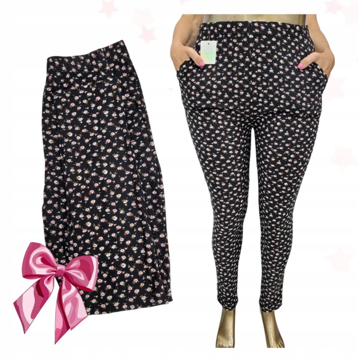 LEGINSY KIESZENIE WYSOKI STAN KWIATY elastyczne miękkie kryją 50 52 5XL 6XL