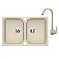 Zlewozmywaki - Laveo Celia granitowy 2-komorowy 65x44 cm z baterią zlewozmywakową beżowy SJCE420T - miniaturka - grafika 1