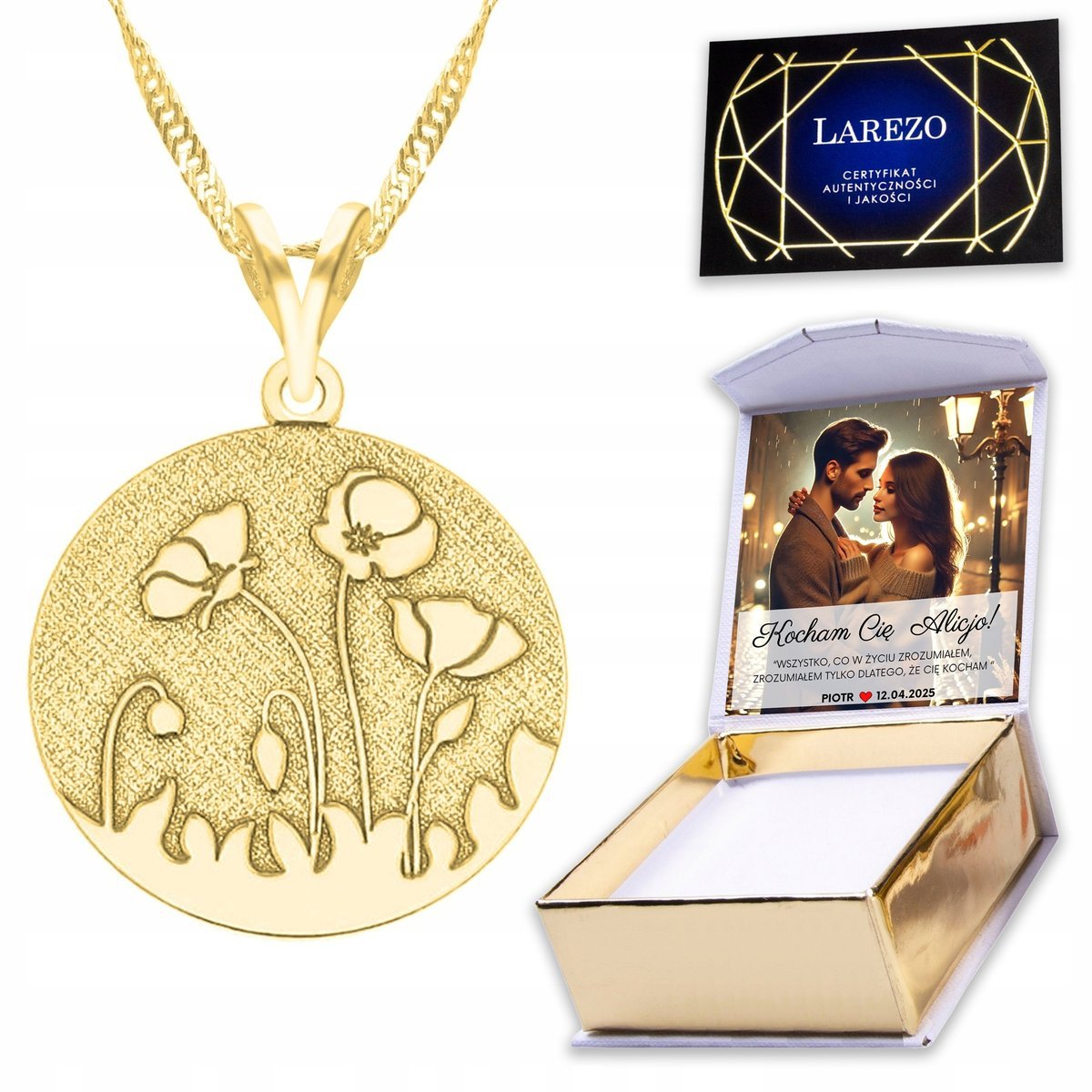 Złoty Naszyjnik 925 Blaszka z Makami Kwiatami Mak Kwiat Łąka Flower NADRUK