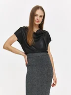 Bluzki damskie - Elegancka czarna bluzka z kaskadowym dekoltem - miniaturka - grafika 1