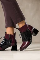 Botki damskie - Bordowe botki skórzane damskie płaskie wstawki lakierowane z wzorem wężowym sznurowane PRODUKT POLSKI Casu 39476 - miniaturka - grafika 1