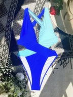 Stroje kąpielowe - Dwukolorowy jednoczęściowy strój kąpielowy - Niebieski S - miniaturka - grafika 1