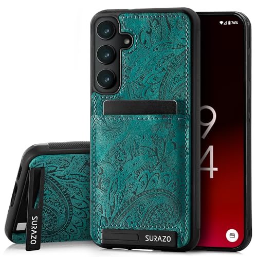 SURAZO Etui na telefon komórkowy Samsung Galaxy A55 z prawdziwej skóry premium – odporne na uderzenia skórzane etui na telefon komórkowy z przegródką na karty, funkcja stojaka, kółko na klucze, motyw