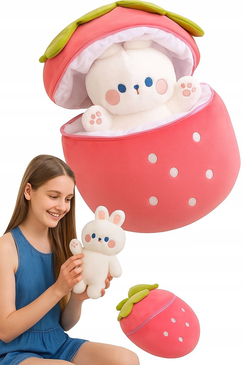 PLUSZAK 2w1 KRÓLIK W TRUSKAWCE – SŁODKA MASKOTKA DLA DZIECKA AŻ 60CM !!!
