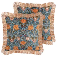 Poduszki dekoracyjne - 2 poduszki dekoracyjne welurowe w kwiaty z frędzlami 45 x 45 cm niebiesko-pomarańczowe MITELLA - miniaturka - grafika 1