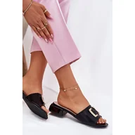 Klapki i japonki damskie - Eleganckie Klapki Damskie Na Klocku Ze Złotym Detalem Vinceza 62229 Czarne - miniaturka - grafika 1