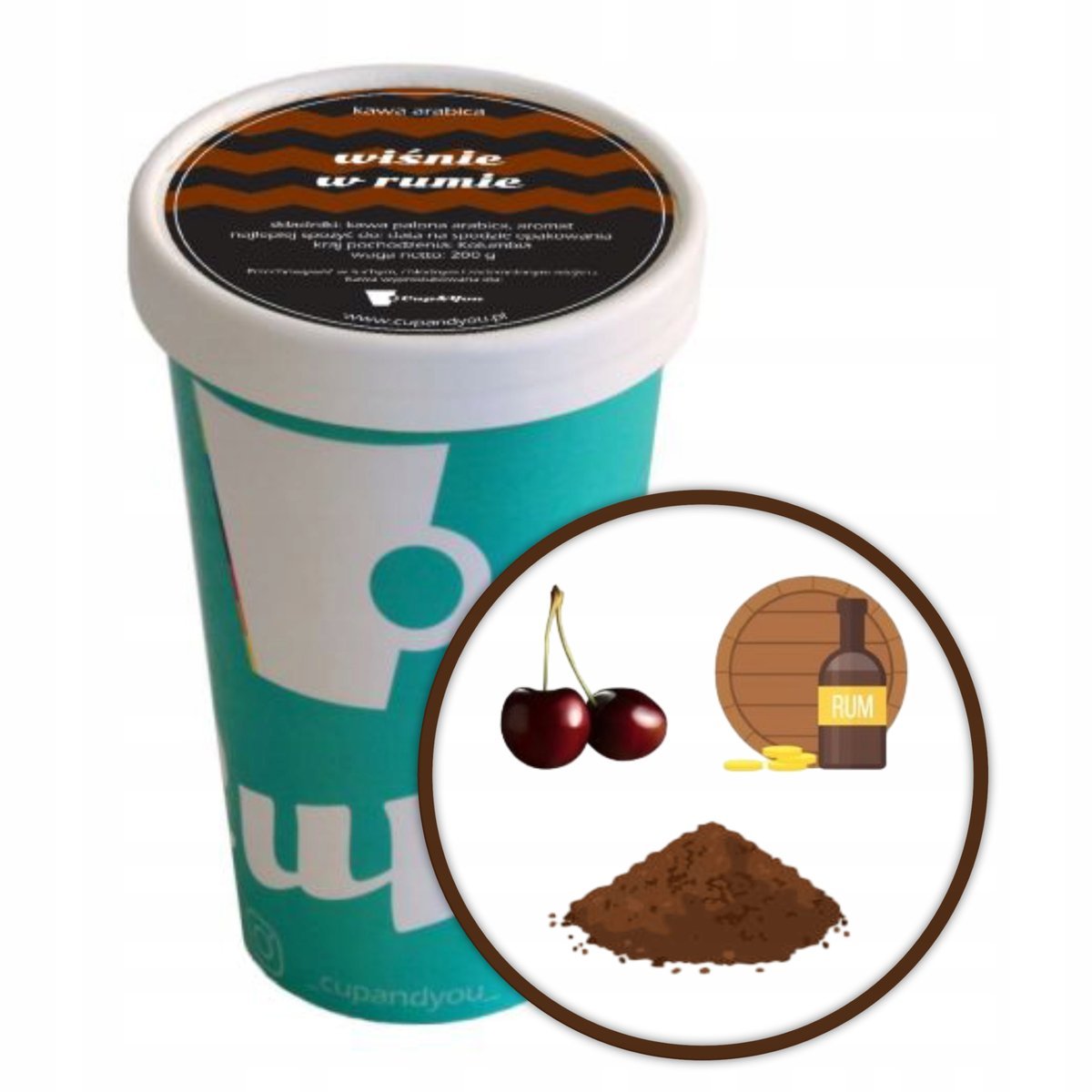 Kawa aromatyzowana smakowa WIŚNIE W RUMIE mielona super KUBEK PREMIUM 200g - smakowa uczta dla podniebienia