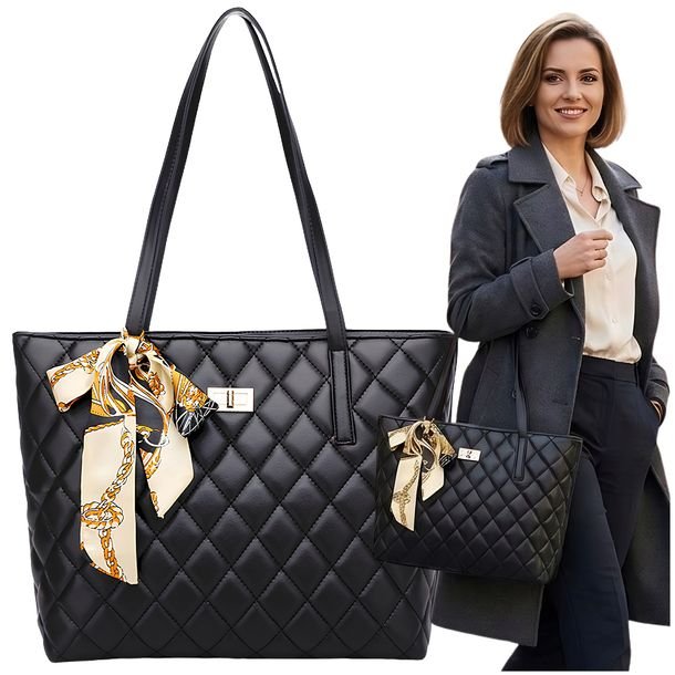 Torebka Damska Torba Pikowana Duża Elegancka Pojemna Tote Klasyczna Czarna