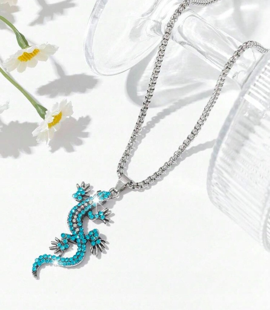 Naszyjnik Wisiorek Jaszczurka z Diamencikami Niebieska Lizard Y2K Prezent