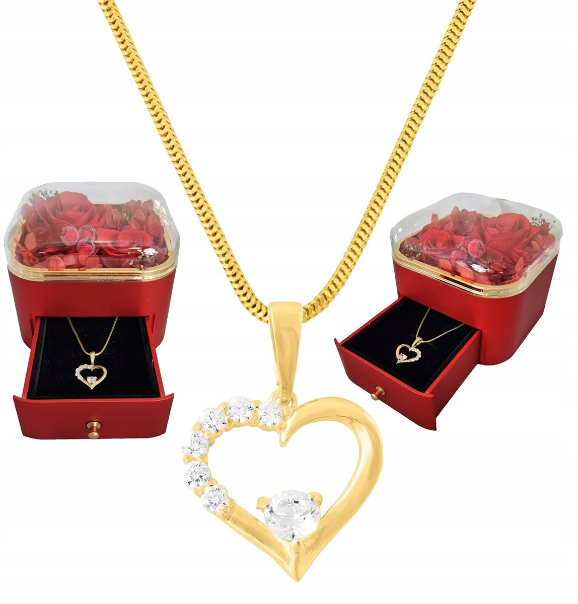 Naszyjnik Srebrny Pozłacany Serce z Cyrkoniami Prezent na Dzień Kobiet|50cm