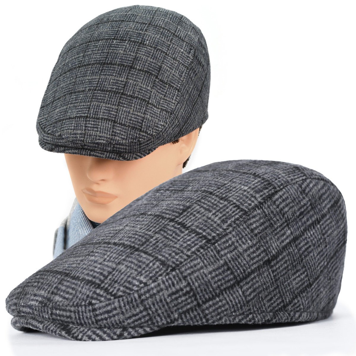 Kaszkiet Męski Zimowy Ocieplany Elegancka Czapka w Kratkę z Wełną