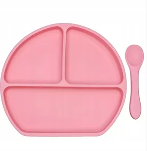 Silikonowy talerzyk różowy z łyżką w zestawie, A12 - Miseczki i talerzyki dla dzieci - miniaturka - grafika 1