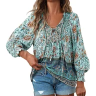 Bluzki damskie - Damska bluzka boho w kwiecisty wzór - Niebieski - miniaturka - grafika 1