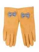 Rękawiczki dla dzieci - Rękawiczki Dziewczęce Zamszowe Musztardowe Ze Skórzaną Kokardką 21 Cm - miniaturka - grafika 1
