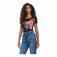 Koszulki i topy damskie - GUESS KOSZULKA DAMSKA T-SHIRT SS CN TRIANGLE PEONY CZARNA r.S - miniaturka - grafika 1