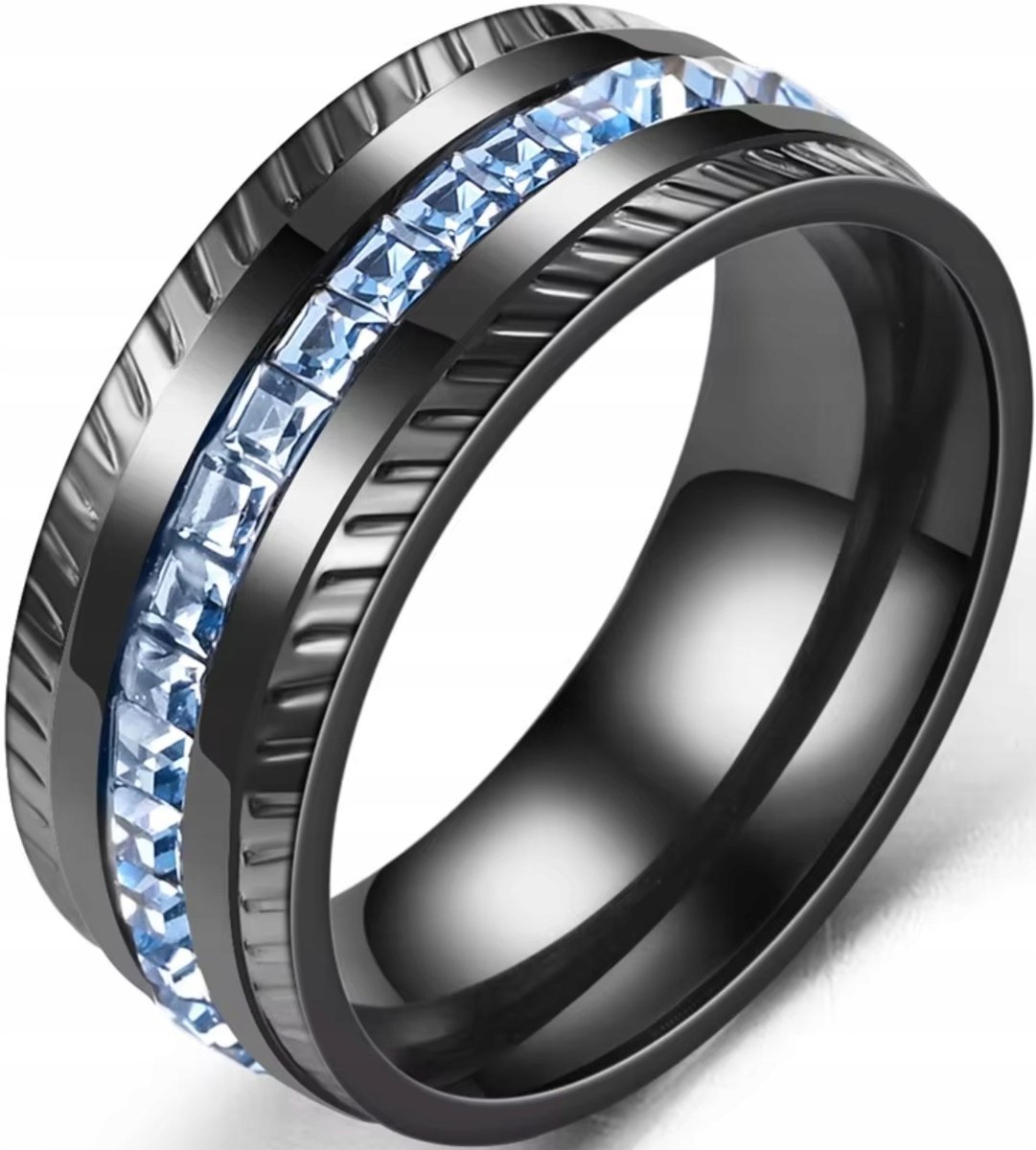 Czarny Pierścień z Kwadratowymi Akwamarynami Sygnet Stal Szlachetna