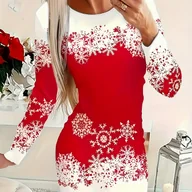 Sukienki - TEMU Elegancka czerwono-biała sukienka świąteczna z nadrukiem płatków śniegu dla kobiet - miniaturka - grafika 1