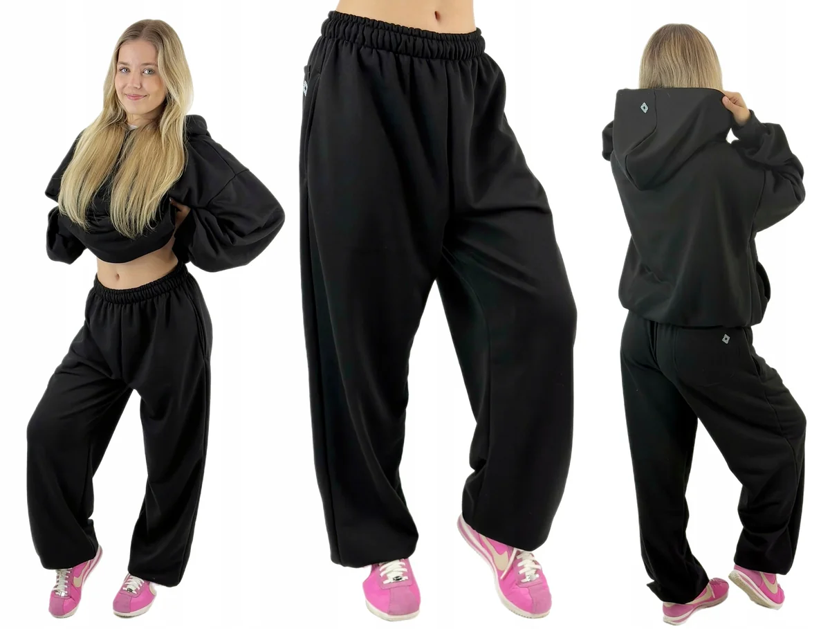 Polskie spodnie dresowe oversize baggy bawełna S/M prosto od producenta czarne damskie bez wzoru, odzież sportowa na co dzień