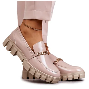 Sergio Leone Lakierowane Półbuty Z Łańcuszkiem Beżowe Anne beżowy - Półbuty damskie - miniaturka - grafika 1