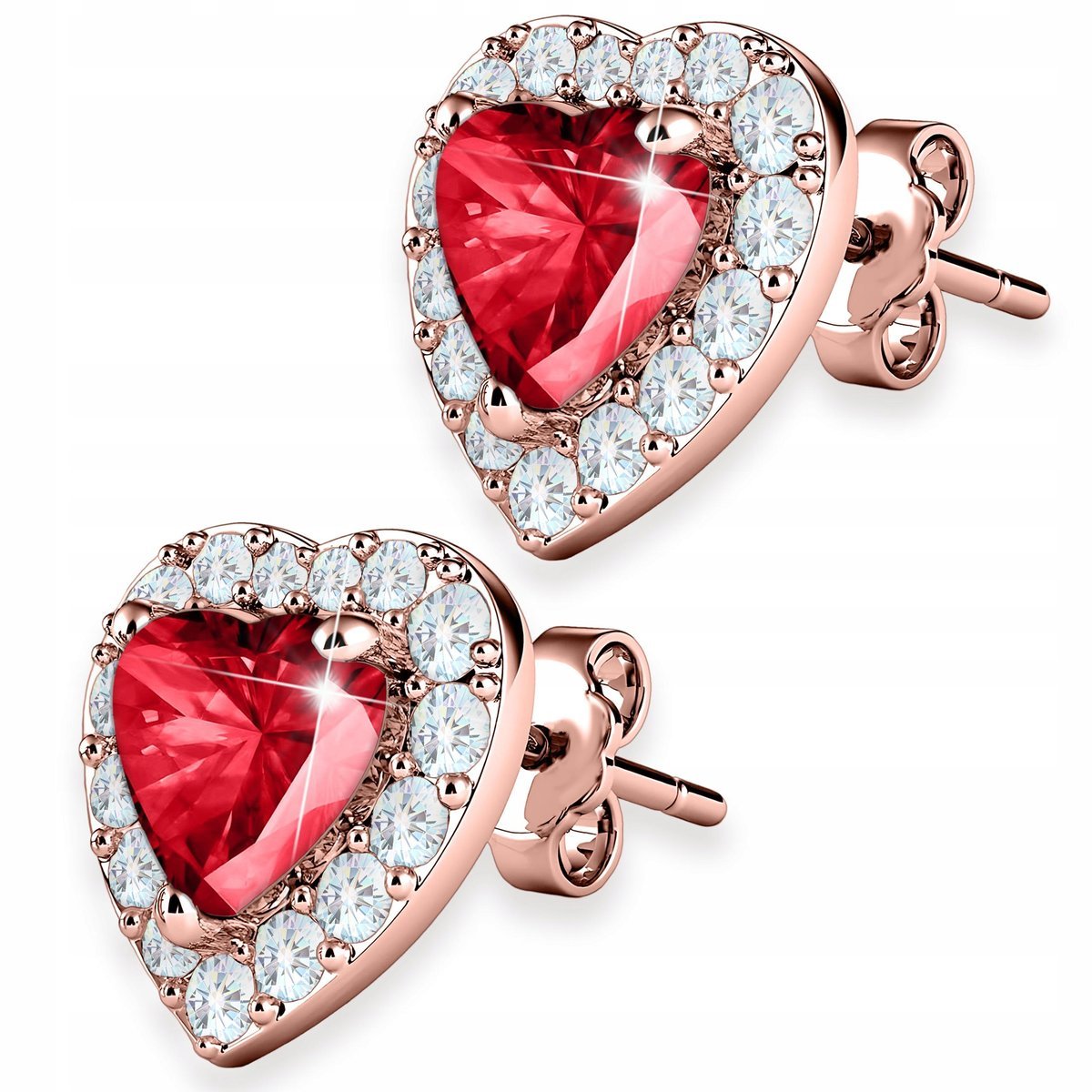 Kolczyki Pozłacane Czerwone Serca Rubinowe Kryształowe Cyrkonie SREBRO 925