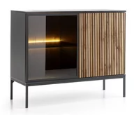 Komody - CZARNA Komoda 104 cm Lamele Szklo Oświetlenie LED FREZOWANY FRONT Dąb WOTAN - miniaturka - grafika 1