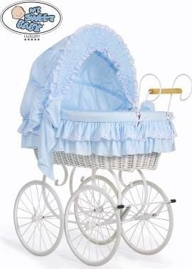 My Sweet Baby Kosz Mojżesza Retro Victoria - Biały + niebieska pościel z białą haftowaną koronką