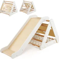 Place zabaw - Trójkąt wspinaczkowy 4 w 1 ze zjeżdżalnią, drewniane rusztowanie do wspinaczki i wspinaczki, dla dzieci od 1 roku życia (biały + naturalny) - miniaturka - grafika 1