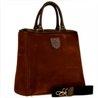 Torebki damskie - Elegancka skórzana torebka kuferek brąz koniak zamsz - miniaturka - grafika 1