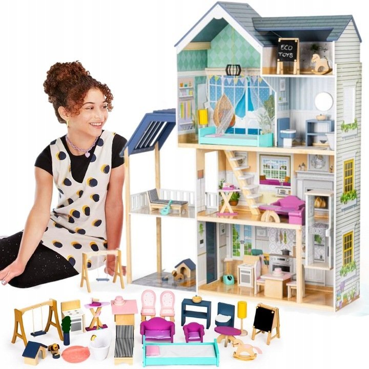 Ogromny Drewniany Domek Dla Lalek 138Cm 28 Elementów Dla Dziewczynki Xxl