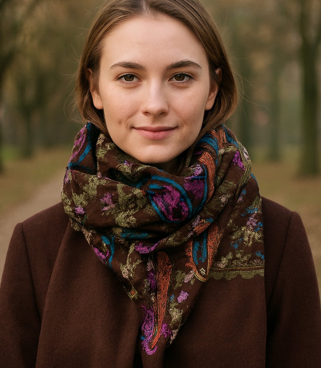 Szal damski z wzorem roślinnym i frędzlami