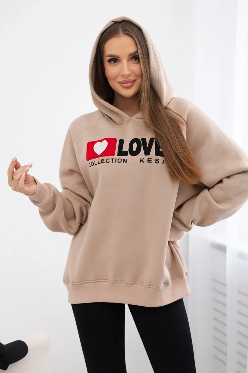 Bluza bawełniana ocieplana z kapturem Love ciemno beżowa Ciemny Beżowy