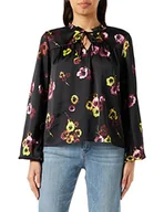 Bluzki damskie - Damska bluzka KAFFE Frilled Neck Długi rękaw drukowany, Czarny Głęboki/Zielony Kwiat Nadruk, 32 - miniaturka - grafika 1