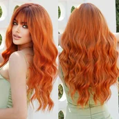 Pozostałe akcesoria fryzjerskie - TEMU Długa falująca pomarańczowa peruka dla kobiet na co dzień, naturalne syntetyczne włosy w kolorze jasnego brązu z grzywką, kostium na Halloween, - miniaturka - grafika 1