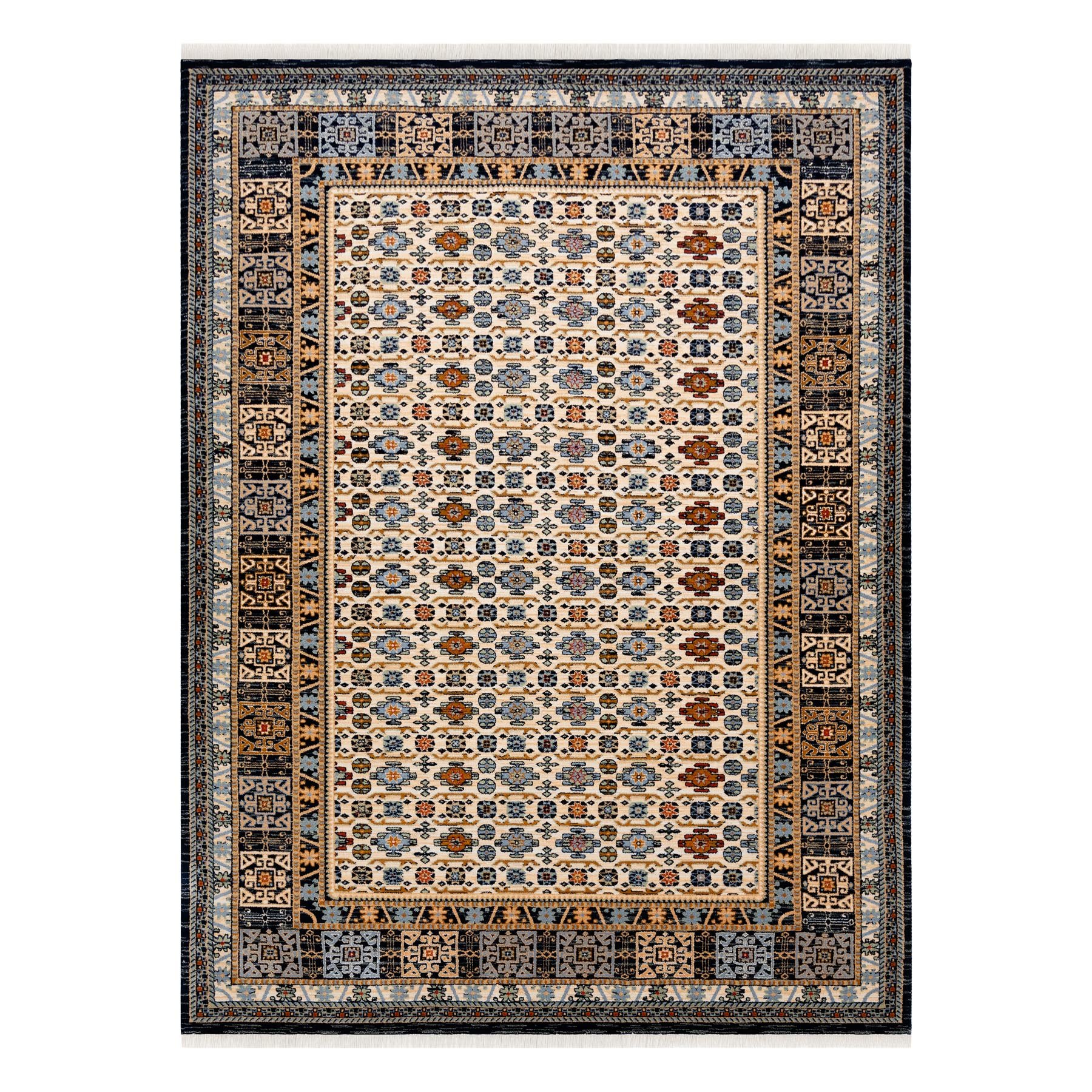Dywan KESHAN Frędzle, Ramka orientalny 6428/53551 beż / granat wielokolorowy 250x340 cm