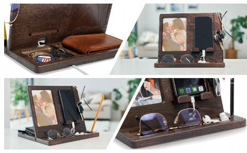 DREWNIANA STACJA DOKUJĄCA NA TELEFON, STOJAK NA PORTFEL I ZAGARKI ORGANIZER