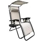 Leżaki ogrodowe - Saska Garden Fotel leżak ogrody składany z daszkiem i zagłówkiem beżowy 1020228 - miniaturka - grafika 1