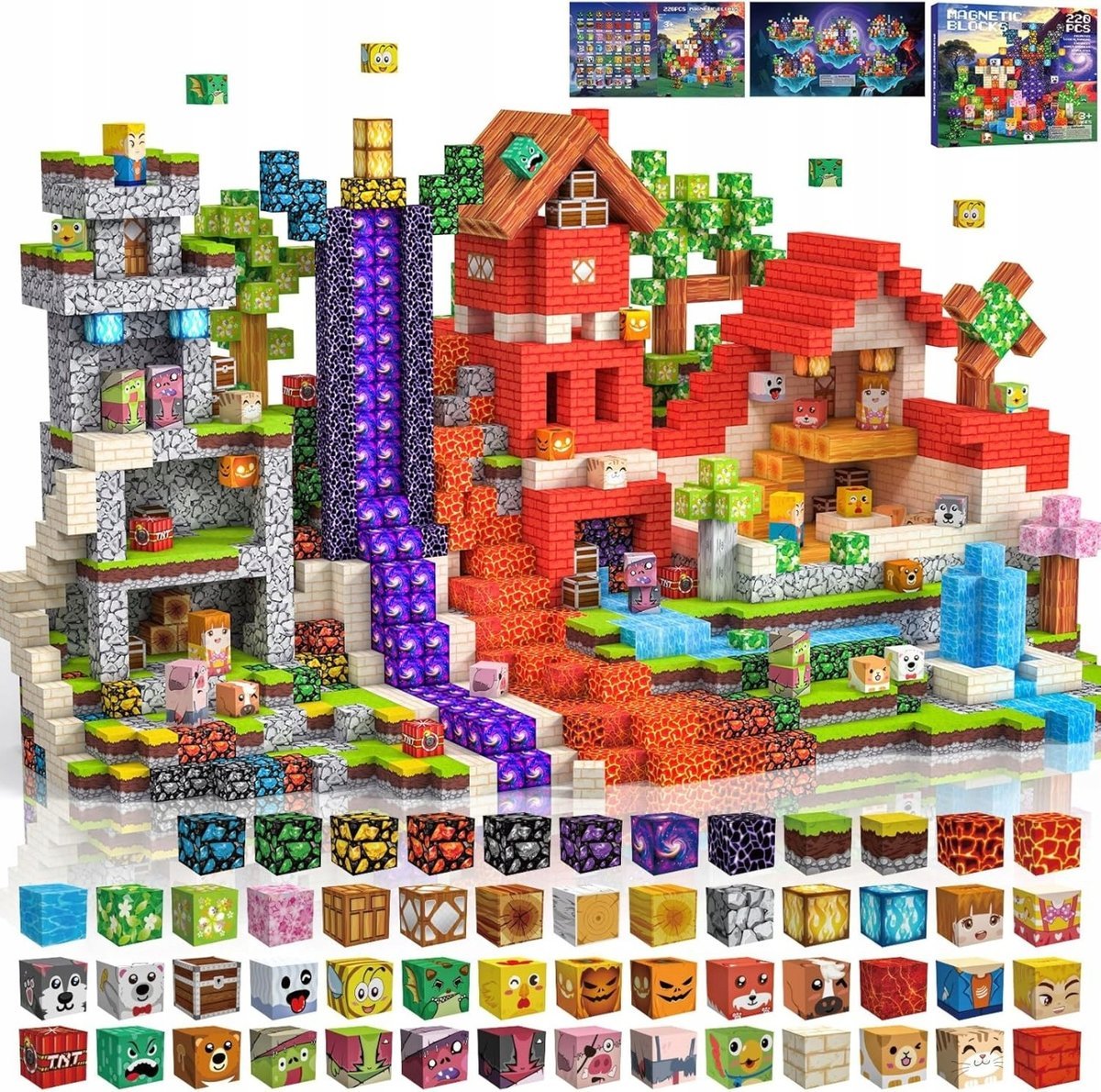 Klocki Magnetyczne Sensoryczne Montessori bloki Minecraft 220szt Edukacyjne