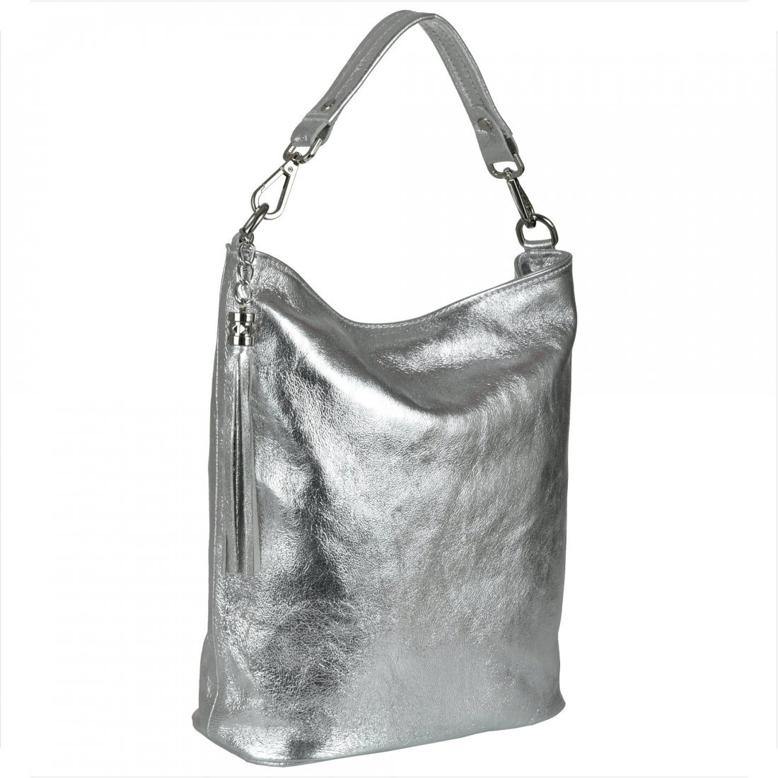 Lekka skórzana torebka shopper bag srebrna L