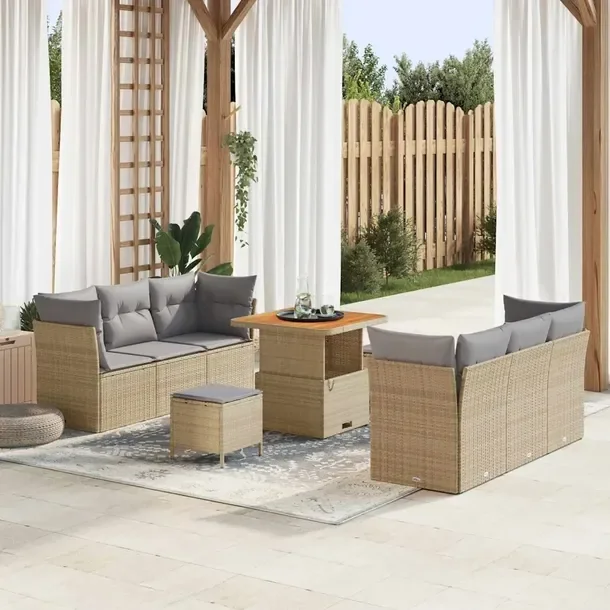 9-częściowy zestaw kanap ogrodowych, beżowy, rattan, 2 kanapy, stół