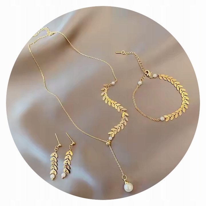 DUŻY ZLOTY KOMPLET BIŻUTERII DAMSKIEJ POZŁACANY PERŁA ZESTAW WYJĄTKOWY