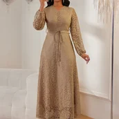 Sukienki - TEMU Wiosenno-Jesienna Sukienka Damska, Modna i Elegancka, Biuro Impreza, Koronkowe Kwiaty Jednokolorowa Półprzezroczysta z Paskiem, Dekolt w Serek z - miniaturka - grafika 1