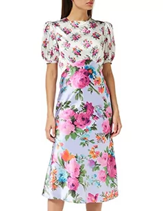 Hope & Ivy Damska satynowa sukienka midi z wysokim dekoltem Linnetta z kontrastowym nadrukiem z odkrytymi plecami kokarda szczegóły na specjalne okazje, Fioletowy/biały, 36 - Sukienki - miniaturka - grafika 1